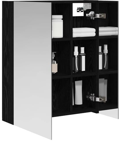 vidaXL Badezimmerspiegelschrank Schwarz Eichen-Optik 60 x 14,5 x 70 cm, Badezimmermöbel, moderner, rechteckiger Aufbewahrungsschrank, Wandspiegel, verstellbare Regale, praktisch
