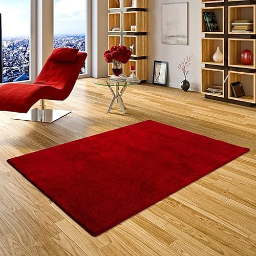 Palace Hochflor Shaggy Teppich Weinrot Rot in 24 Größen