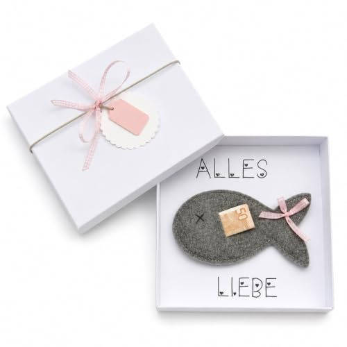 schnurzpieps Geldgeschenk Taufe Mädchen - Filz-Fisch als Geldverpackung | Stilvolle Geldgeschenk-Verpackung mit christlichem Fisch für Taufe, Kommunion & Konfirmation - handgefertigt in Deutschland