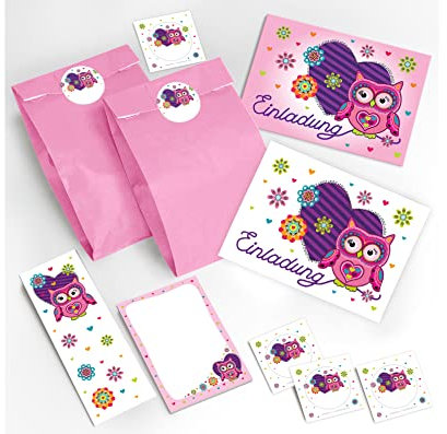 JuNa-Experten 12 Einladungskarten für Kindergeburtstag Mädchen Eule incl. 12 Umschläge, 12 Tüten/hellrosa, 12 Aufkleber, 12 Lesezeichen, 12 Notizblöcke