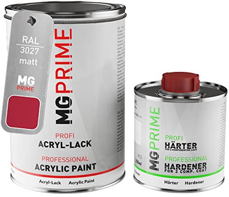 MG PRIME RAL 3027 Rosso lampone/Raspberry red opaco Vernice acrilica 1,5 litri / 1500 ml in barattolo incl. indurente