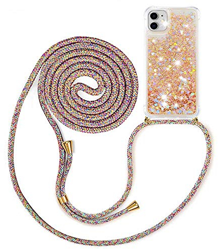 MXKOCO Phone Lanyard Case for iPhone 11-Liquid Glitter Quicksand Cover Crossbody Phone Case with Strap Necklace Bling Sequin Cover/Case Adjustable Lanyard Phone Chain Cover Neck Strap