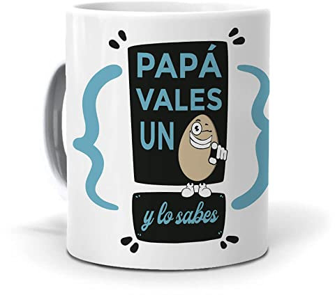 Taza Única | Taza Papá Vales un Huevo y Lo Sabes | Sorpresa Día del Padre | Frases Divertidas y Especiales para Papá | Taza para Café, Té o Infusiones | Apta Microondas y Lavavajillas Cerámica 350 ML