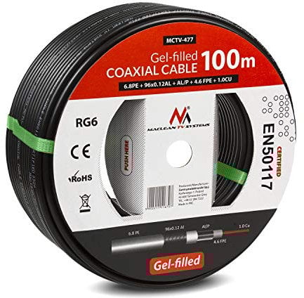 Maclean MCTV-477 - Cable coaxial relleno de gel 1.0 cu, cable de antena satélite RG6 SAT AV 100 m Negro