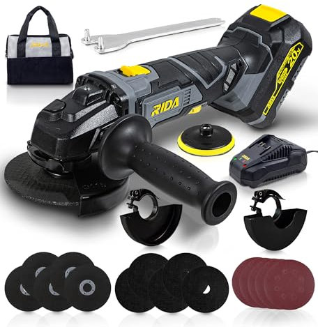 RIDA Cordless Angle Grinder Kit 4 1/2 Inch Cordless Grinder Cut Off Tool 10000RPM 6 Speed Options 20V 4.0Ah Battery & Fast Charger, Adjustable Handle Grinder for Cutting and Grinding Stone and Metal