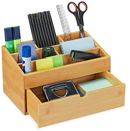 Relaxdays Schreibtisch Organizer mit Schubfach, 6 Fächer, Bambus, natur | Aufbewahrungsbox Büro, HxBxT: 15 x 28 x 16,5 cm