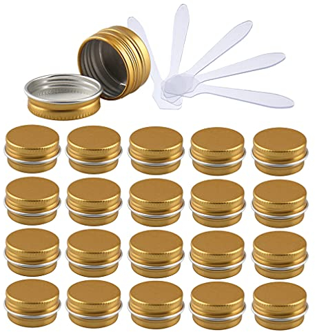 ZEOABSY 24 Pièces 5ml Pots en Aluminium Vide Rond Or Petit Cosmétiques Pot Conteneurs for Fait Main Bougies Crème Baume Voyage, 6x Spatule