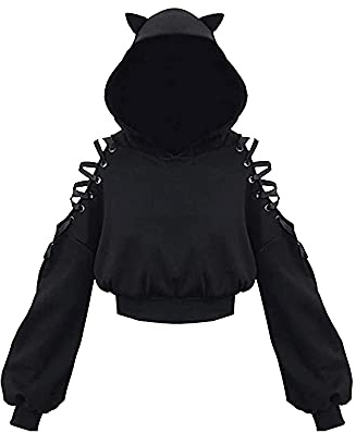 Loalirando Women's Cute Cat Ear Crop Top Oversized Hoodie Off Shoulder Hollow Out Long Sleeve Black Punk Gothic Sweatshirts (Black, Small)