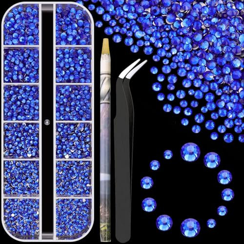 3600pcs Round Glass Royal Blue Rhinestones 6 Sizes Flatback Crystal Gem Jewel Decoration for Nail Art, Tweezer and Pickup Pen included