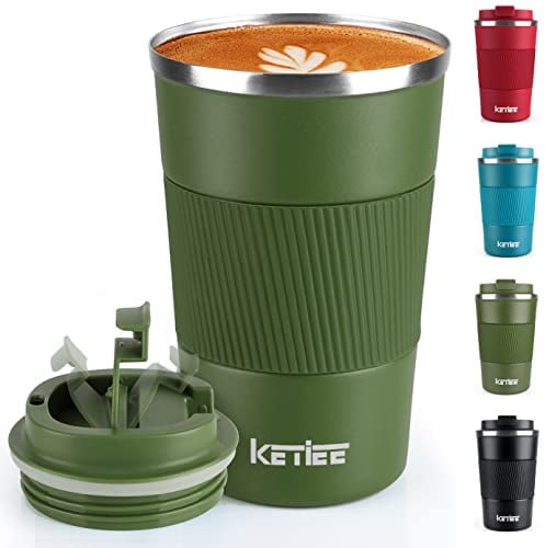 KETIEE Kaffeebecher to go,380ml Thermobecher Kaffee-to-go,Kaffeebecher Thermo,Doppelwandig Reisebecher Travel Mug,Vakuum Isolierbecher mit auslaufsicherem Deckel für Kaffee und Tee,Olivgrün