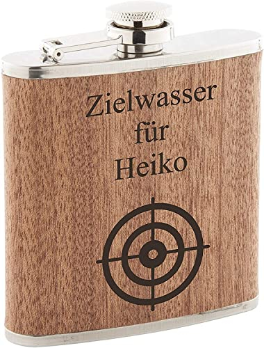Zielwasser mit Scheibe Flachmann Holz mit Gravur personalisiert (Scheibe)