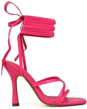 ESSEX GLAM Womens Lace Up High Heel Sandals Ladies Square Toe Strappy Fuchsia Party Shoes Size 6