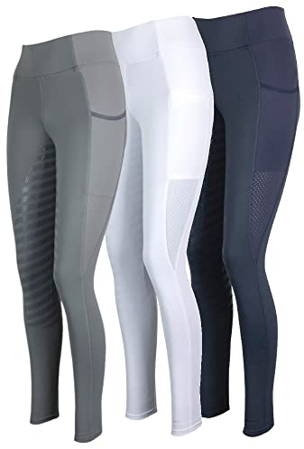 Lazura - Damen Sommer Reitleggings Lea | Vollbesatz aus Silikon | Reithose in Light Graphite mit Handytaschen | atmungsaktiv durch seitliche Mesh-Einsätze | Größe 32/34