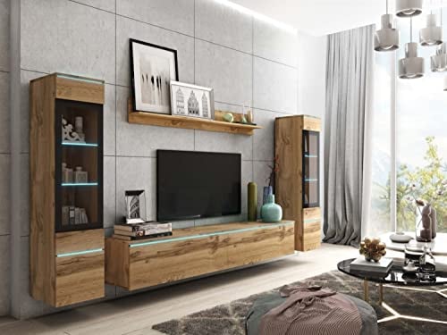 MINIO go for it - Ensemble D'éléments Muraux 4 Pièces Veve 2 I Suspendu Ou Debout I 2X Armoire Haute Vitrine I Lowboard I Panneau Mural I Éclairage LED I Chêne Wotan