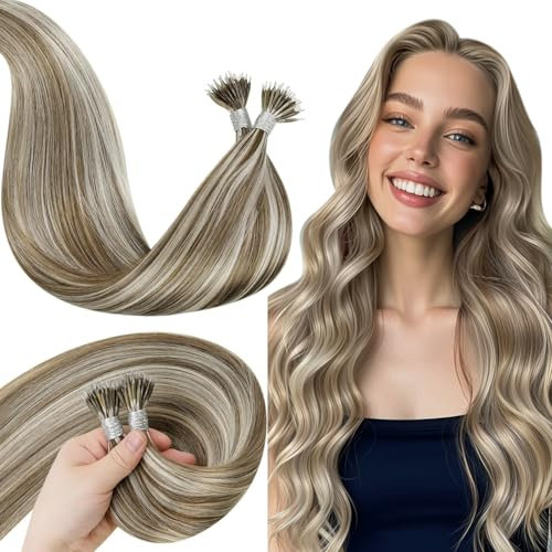 LaaVoo Echthaar Extensions Nanoring 50 cm 50 Stück 50g Farbe Aschbraun Mix Platinblond Cold Fusion Nano Beads Extensions Echthaar Glatt Nano Haarverlängerung Echthaar #8P24