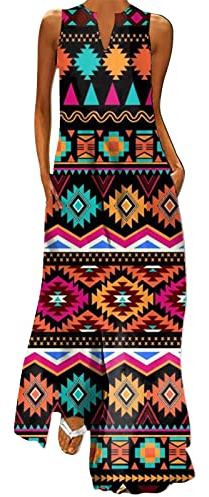 NNGOTD Robe Femme été Fluide Boheme Chic Robe Longue Femme Grande Taille sans Manches Imprimé Crâne Ample Ete Bohême Boho Plage Vacances Maxi Dress Robe de Soiree Femme Chic et Glamour