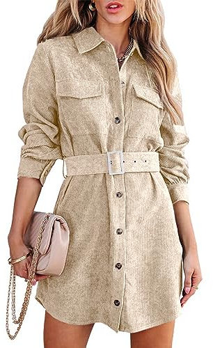 Uusollecy Blusenkleid Damen Corduroy Langarm Hemdkleid mit Gürtel, Minilänge Cordkleid mit Tasche und Knopfleiste Khaki XL