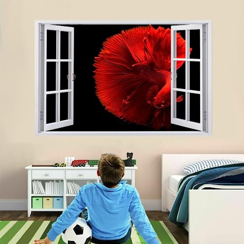 3D Durchbruch Wandtattoo Mädchen Kinderzimmer Fisch Rot Wandaufkleber Dekorative Abnehmbare Wandsticker Vinyl für Junge Teenager Zimmer Wohnzimmer Schlafzimmer Wandbilder Deko 110x70cm