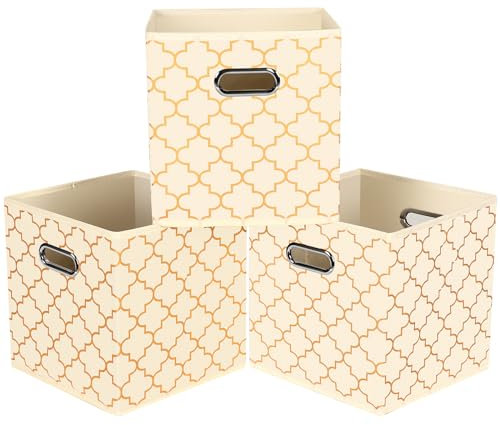 HEAYEEG Black Foldable Storage Cubes Bins, Fabric Storage Box Cubes Organizer Baskets with Dual Handles for Home Organizer,Set of 3,(Creamy-White Gold)