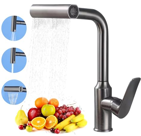 Whemyreat Grifo de cocina con ducha retráctil, color negro cascada táctil, altura regulable, giratorio 360°, grifo de lavabo extraíble con una sola mano