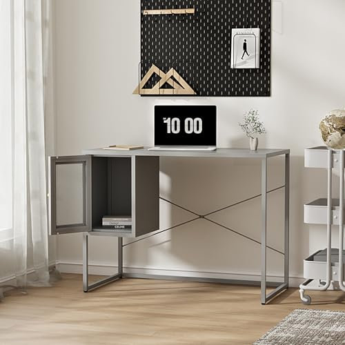 [en.casa] Escritorio Sund con Compartimento Cerrado Mesa de Ordenador con Puerta de Malla para Ventilación Óptima Oficina Despacho Diseño Industrial Acero 75x100x50cm - Gris