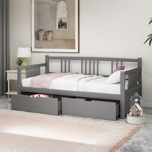 Dolamaní Tagesbett Gästebett Holz 90x200 cm mit Stauraum, Kiefer Massivholz Schlafsofa, Bettgestell in Grau mit Lattenrost, Bett mit Schubladen (Grau)