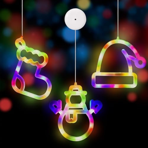Aragallant Lumière de Fenêtre de Noël LED, 3PCS Lumières de Noël avec Ventouse, Noël Multicolour Lumières Suspendues, Lumières Fenêtre Intérieur pour Noël Décoration, Alimentation par Batterie(3PCS)