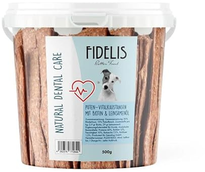 Fidelis - Vitalkaustange Pute mit Biotin und Leinsamenöl – Zahnpflege Snacks für Hunde 500g-Eimer – Luftgetrocknet aus 100% natürlichen Rohstoffen - Hunde Leckerli als Snack zur Zahnhygiene