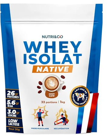 NUTRI & CO Whey Isolate Native - Jusqu’à 94% de Protéines - Pur Lait Français Low Lactose Digestion Facile - Riche en BCAA - Prise de Masse & Musculation - 900gr 30 portions goût Café
