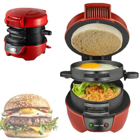 Electric Breakfast Muffin Maker, Commercial Sandwich Maker With Egg Cooker Ring, Non-Stick Panini Presses Sandwich Makers, Easy To Clean, Double Sided Heating Hamburger Maker Machine, for Waffles(Red)