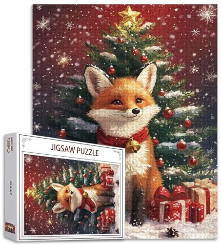 Xmas Fox Jigsaw Puzzles für Erwachsene 1000 Stück, Dschungel-Tiere Lowrie Jigsaw Puzzle Art 20 x 27 in bunten DIY-Puzzles für Home Decoration, Frohe Weihnachten Familie Puzzle perfekt für Spiel-Nächte