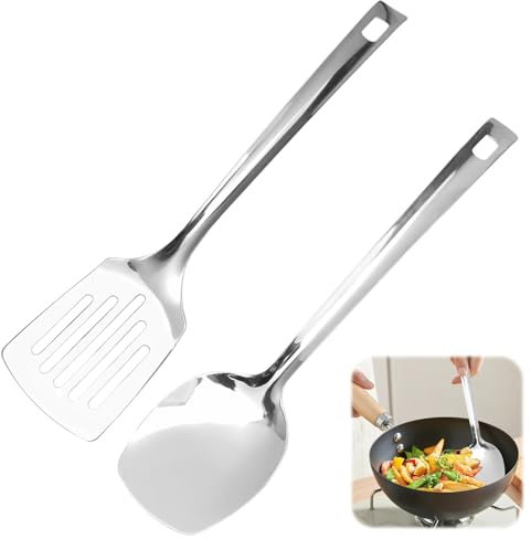 2 Pièces Spatule Cuisine Inox, Solide Spatules de Cuisine et Fente Poartiule, Spatule Metal Cuisine avec Trous de Suspension Poêles Antiadhésives pour Poisson, œufs, Crêpes