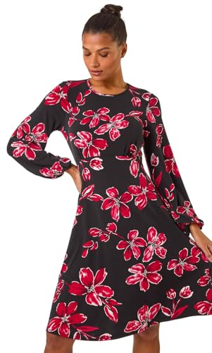 Roman Originals Women Gathered Chest Dress Ladies Stretchy Fit & Flare Swing Tea A Line Skater Knee Length Long Sleeve Midi Smart Casual Work Going Out Cocktail Party - Red Onyx - Size 16