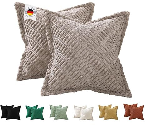 ALWINIA Kissenhülle 50x50 2er Set Taupe aus Kordsamt - Flauschige & Gemütliche Kissenbezüge, Deko Kissen Samt - Stilvolle Deko im Wohnzimmer & Schlafzimmer
