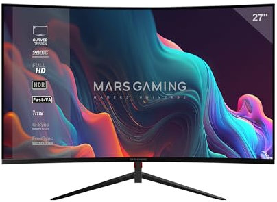 Mars Gaming MV-27C, Monitor Gaming Curvo 27” FHD 1080p 200Hz, HDR10 1ms, FreeSync e G-Sync, Monitor PC Senza Cornice, Angolo 20°, Low Blue Light e Flicker-Free, HDMI + DisplayPort + Jack 3.5mm, Nero