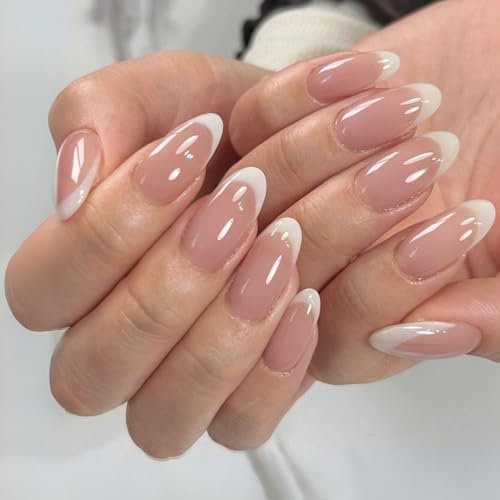 HERBINSOLS 24pcs Short Almond French Tip False Nails - White French Tip Acrylic Full Cover Nails - Removable Glue on Nails for Women Girls
