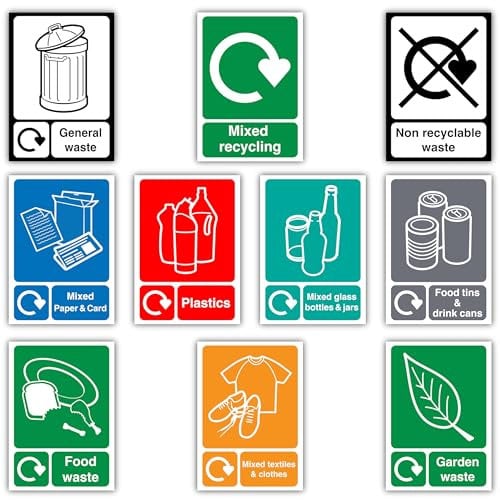 10PCS Mixed Recycling, Paper & Card, Plastics, Glass Bottles & Jars, General, Food, Garden, Non Recyclable Waste, Food Tins & Drink Cans, Textiles & Clothes Bins Signs Vinyl Stickers (105mm x 148mm)