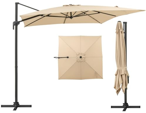 COSTWAY Ombrellone da Giardino 300 cm, Ombrellone Quadrato da Esterno con Rotazione a 360°, Inclinazione Regolabile, Base Incrociata, 8 Stecche, Manovella (Beige, 300 x 300 x 255 cm)