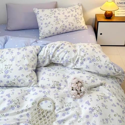 Freyamy Housse de Couette Fleurie 240x260+2 Taie d'oreiller 65x65cm Blanc Violet Vert Floral Parure de lit 2 Personnes Adulte Sets de Housse Couette en Microfibre avec Fermeture Éclair