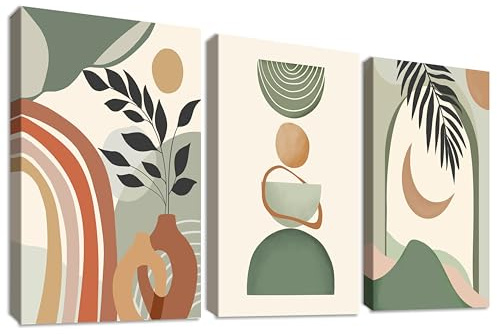 3Pcs Geometrische Linien Leinwand Bilder Set Mit Rahmen Beige Grün Braun Illustrationen Bild auf Leinwand Malerei Sonne Mond Blätter Wandbilder Wohnzimmer Schlafzimmer Esszimmer Wanddeko 40x60cm x3pcs