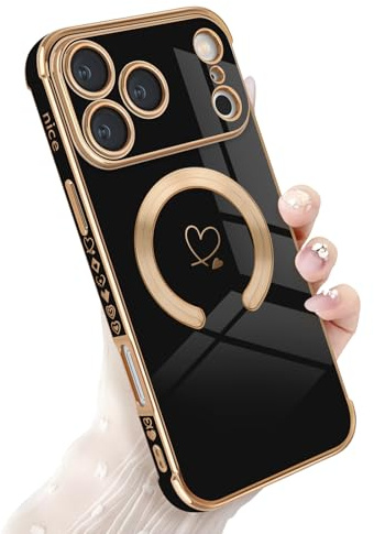 Newseego Magnetic Phone Case for iPhone 17 Pro Max [Compatible with Magsafe] Cute Love Heart Pattern for Girls Women Soft TPU Shockproof Cover with Camera Protection for iPhone 17 Pro Max-Black