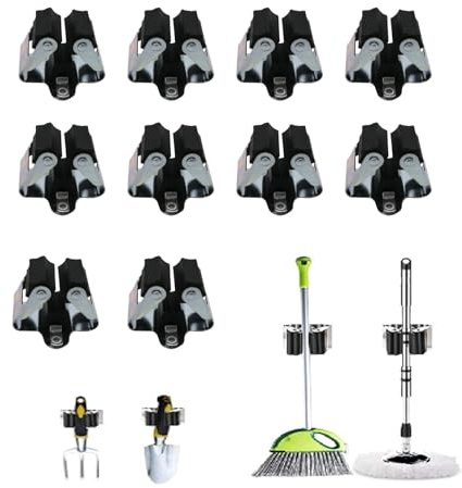 NIYATA 10 Pcs Wall Mounted Mop and Broom Holder, Metal Broom Clips, Sweeping Brush Gripper Hangers for Bathroom, Kitchen, Office, Closet, Garage (0.5mm)