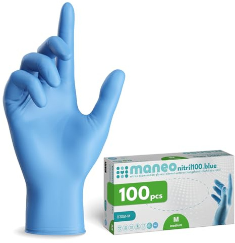 maneo 100 guanti monouso blu taglia M, guanti in nitrile senza polvere e senza lattice, articoli in gomma monouso resistenti per pulizia, cucina e uso domestico