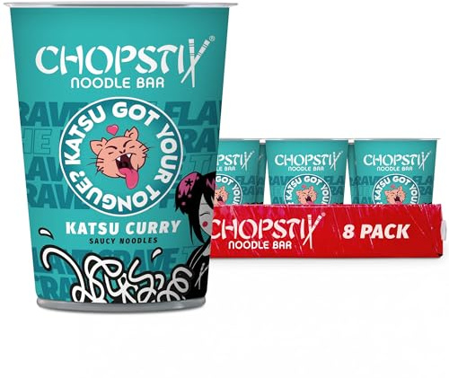 Chopstix Katsu Curry Saucy Noodles 8 x 72g, Extra Long Wheat Noodles with Coconut and Spiced Curry Sauce, Medium Heat, Ready in 6 Minutes