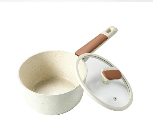 MSMK 18cm 2.5QT Cream Ceramic Non-Stick Saucepan with Lid | All Hobs Compatible, PTFE PFOA PFAS Free, Heat-Resistant Handle, Extra Tough Coating