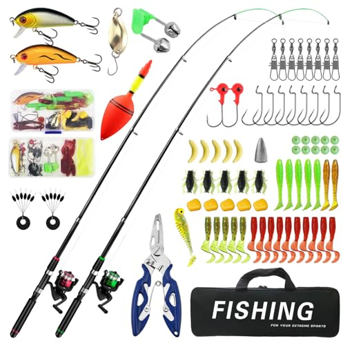 Set da pesca telescopica per bambini, canna da pesca con mulinello 5.2:1, accessori per esche, borsa per il trasporto, set per principianti per acqua dolce, acqua salata, lago fiume, pesca in mare