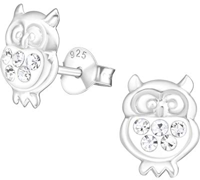 Laimons Mädchen Kids Kinder-Ohrstecker Ohrringe Kinderschmuck Eule Vogel Greifvogel glanz Glitzer Weiß 7 x 9 mm Sterling Silber 925