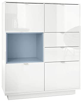 Vladon Highboard Sideboard Metro, Made in Germany, Korpus in Weiß Hochglanz/Fronten in Weiß Hochglanz mit Einsatz in Denim matt