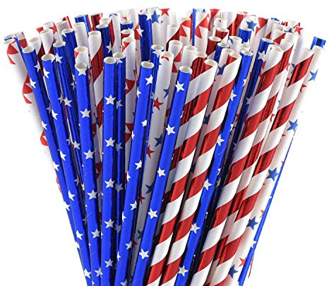 ALINK Pailles en papier d'aluminium biodégradables Rouge/blanc/bleu/étoiles/rayures pour décoration de thème patriotique/baseball, fête d'indépendance, fête d'anniversaire, vacances