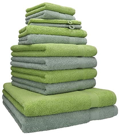 Betz 12-TLG. Handtuch Set Premium 100% Baumwolle 2 Duschtücher 4 Handtücher 2 Gästetücher 2 Seiftücher 2 Waschhandschuhe Farbe heugrün/avocadogrün